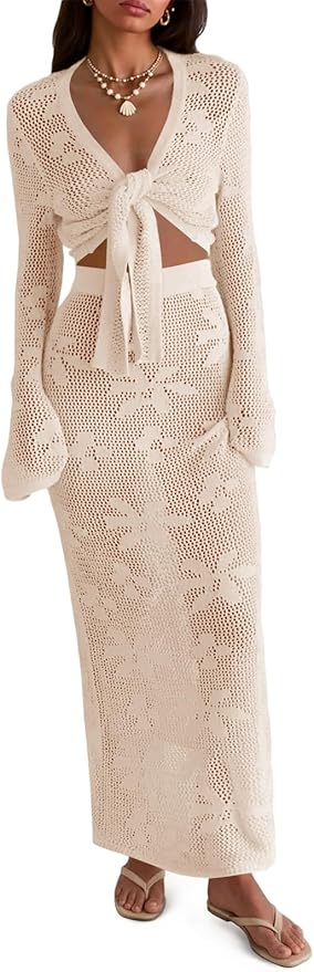Saodimallsu Womens Crochet Long Sleeve Coverup Hollow Out Swimsuit Beach Cover Up Vacation Outfits