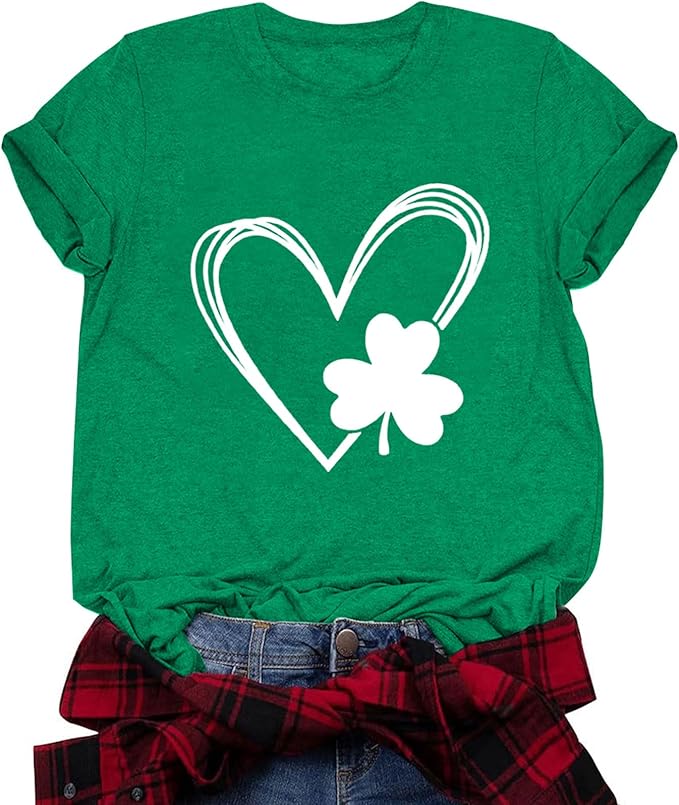 St Patricks Day Shirts Shamrock Paddys Heart Graphic Tee Women Green Short Sleeve Top
