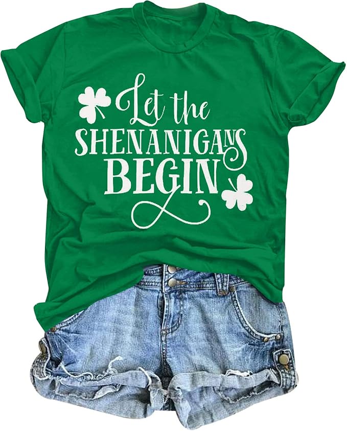 Womens St Patricks Day Blessed Shamrock Let The Shenanigans Begin Casual Funny T-Shirt