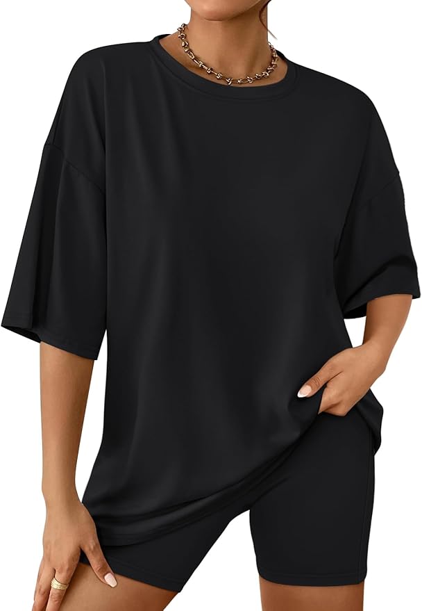 AUTOMET Fashion Oversized T-Shirts Biker Shorts 2 Piece Outfits Tracksuit Lounge Set