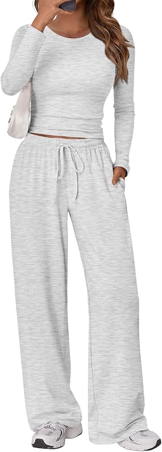 Trendy Queen Matching Sweatsuit Essential Long Sleeve Crop Top Wide Leg Pants 2 Piece Set
