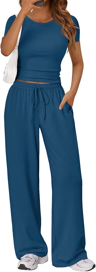Trendy Queen Vacation Matching Sweatsuit Short Sleeve Crop Top Wide Leg Pants 2 Piece Set