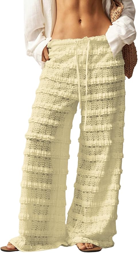 RoseSeek Womens Crochet Layered Ruffle Wide Leg Pants Elastic Waist Beach Cover Up Bathing Suit