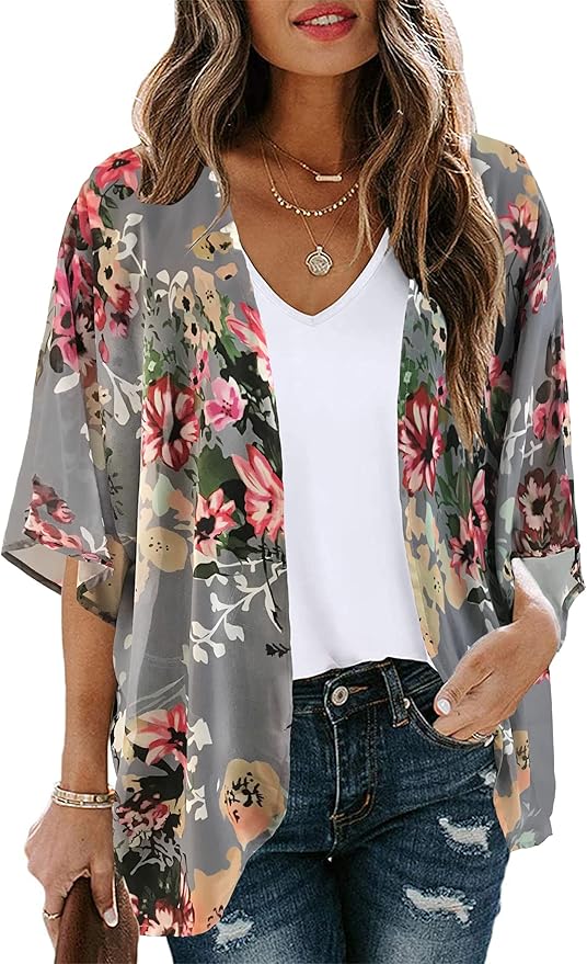Women's Floral Print Sheer Chiffon Kimono Cardigan Beach Cover Up