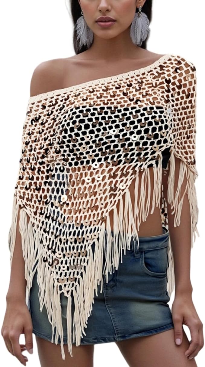 Lightweight Crochet Batwing Fringe Top Hollow Out Sweater Beach Cover Up Beachwear