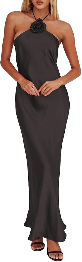 Summer Backless Halter Neck Maxi Dress Sleeveless Satin Wedding Guest Elegant Formal Dress