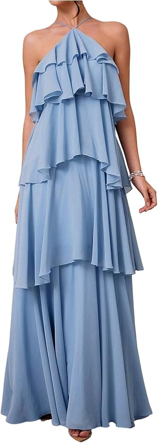 SOLY HUX Womens Halter Sundress Layered Ruffle Tiered Maxi Dress Elegant Summer Vacation Dress