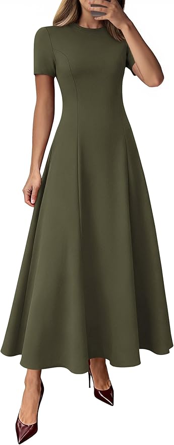 KIRUNDO Wedding Guest Dresses for Women Short Sleeve Crew Neck A-Line Pleated Midi Dress with Pockets