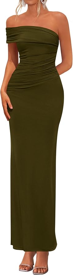 PRETTYGARDEN Off Shoulder Ruched Bodycon Maxi Dress Strapless Cocktail Wedding Guest Party Dress