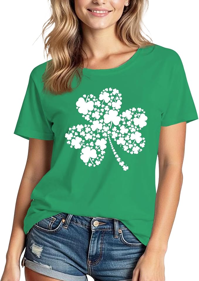 XLIEVO St Patrick's Day Shirts Women Shamrock Clover Graphic Tee Short Sleeve Green Top